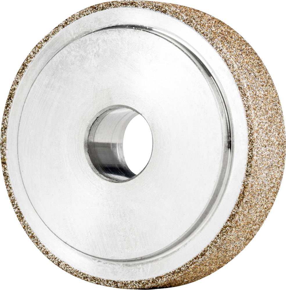 Schleifscheibe aus Metall mit feiner Körnung am Rand, zentralem Loch zur Befestigung auf einer Maschine, glatt und rund.