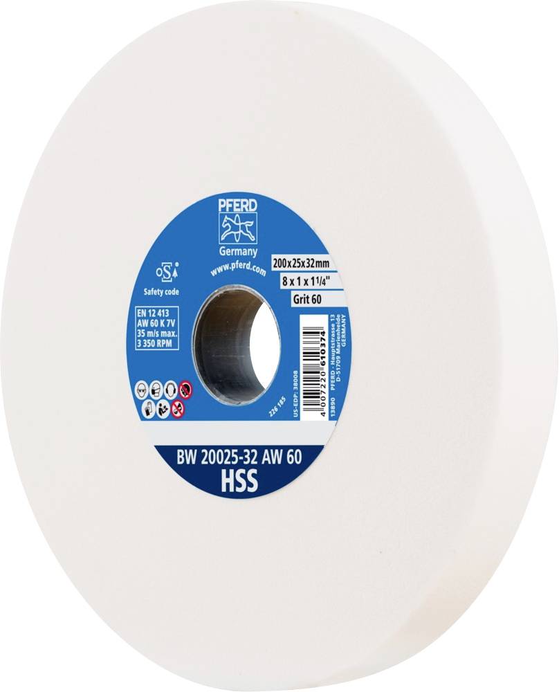 Schleifscheibe mit blauer Mitte, Markenname 'PFERD', Modell 'BW 20025-32 AW 60 HSS', Durchmesser 200x25x32 mm, Körnung 60.