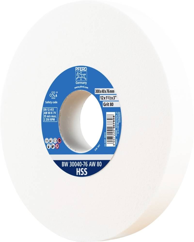 Weiße Schleifscheibe mit blauem Etikett, Marke PFERD, Durchmesser 300 mm, Körnung 80, geeignet für Schleifarbeiten, HSS-Material.