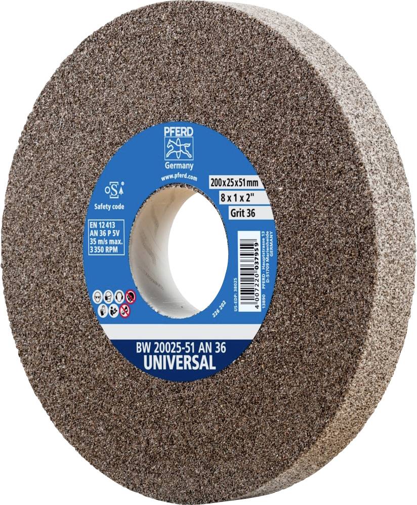 Schleifscheibe mit der Aufschrift 'UNIVERSAL BW 20025-51 AN 36', Durchmesser 200 mm, Dicke 25 mm. Geeignet für 3350 U/min.