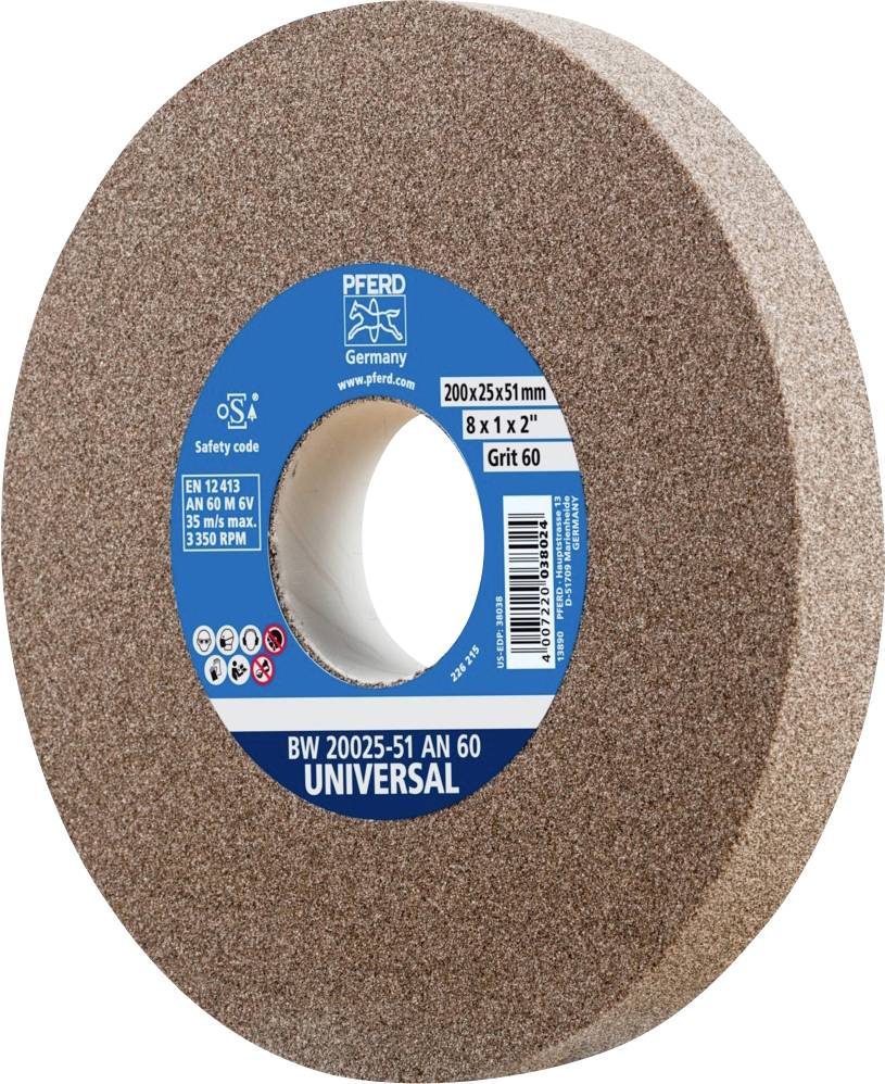 Schleifscheibe der Marke PFERD, 200x25x51 mm, Körnung 60, mit blauem Etikett, geeignet für Schleifarbeiten mit spezifischen Sicherheitscodes.