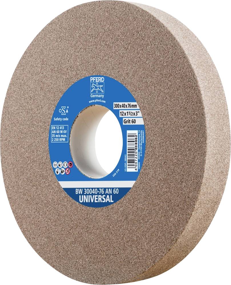 Schleifscheibe der Marke PFERD, 300x40x76 mm, Körnung 60, kennzeichnet sich durch Haltbarkeit und Vielseitigkeit für universellen Einsatz.