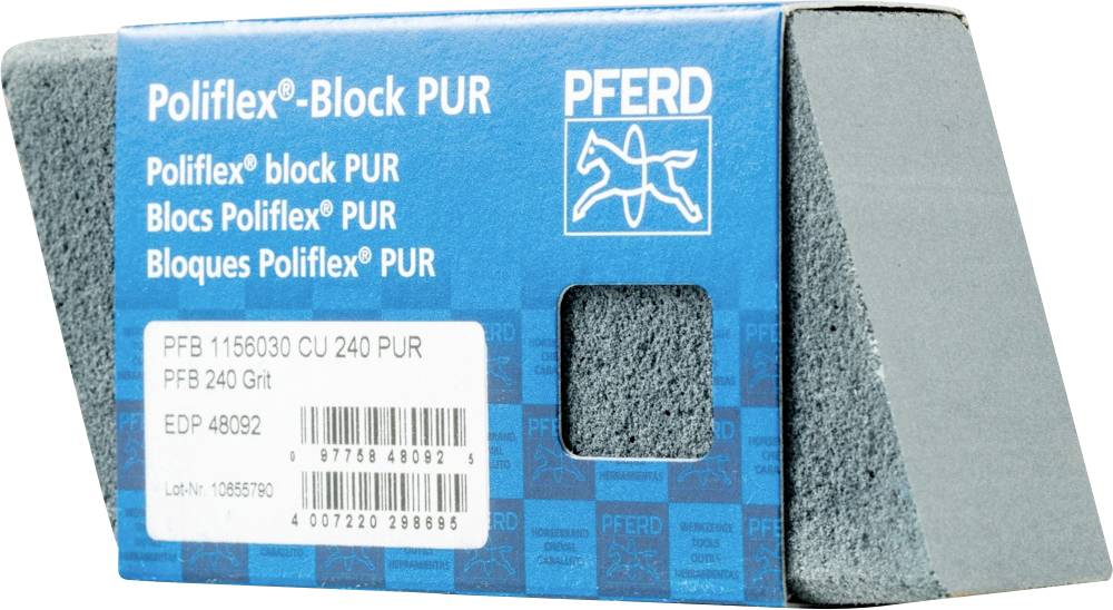 Ein grauer Schleifblock der Marke PFERD, genannt 'Poliflex-Block PUR', Packung zeigt Produktdetails inklusive Körnung 240.