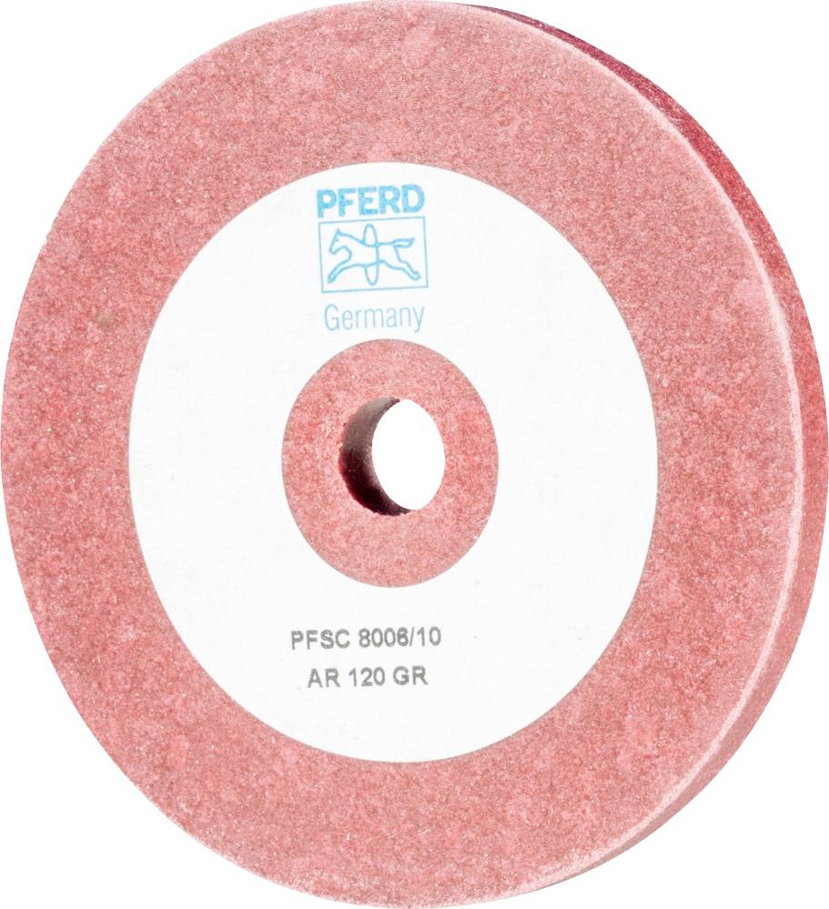 Schleifstein mit roter Körnung, Loch in der Mitte, Aufschrift: 'PFERD Germany PFSC 8008/10 AR 120 GR'.