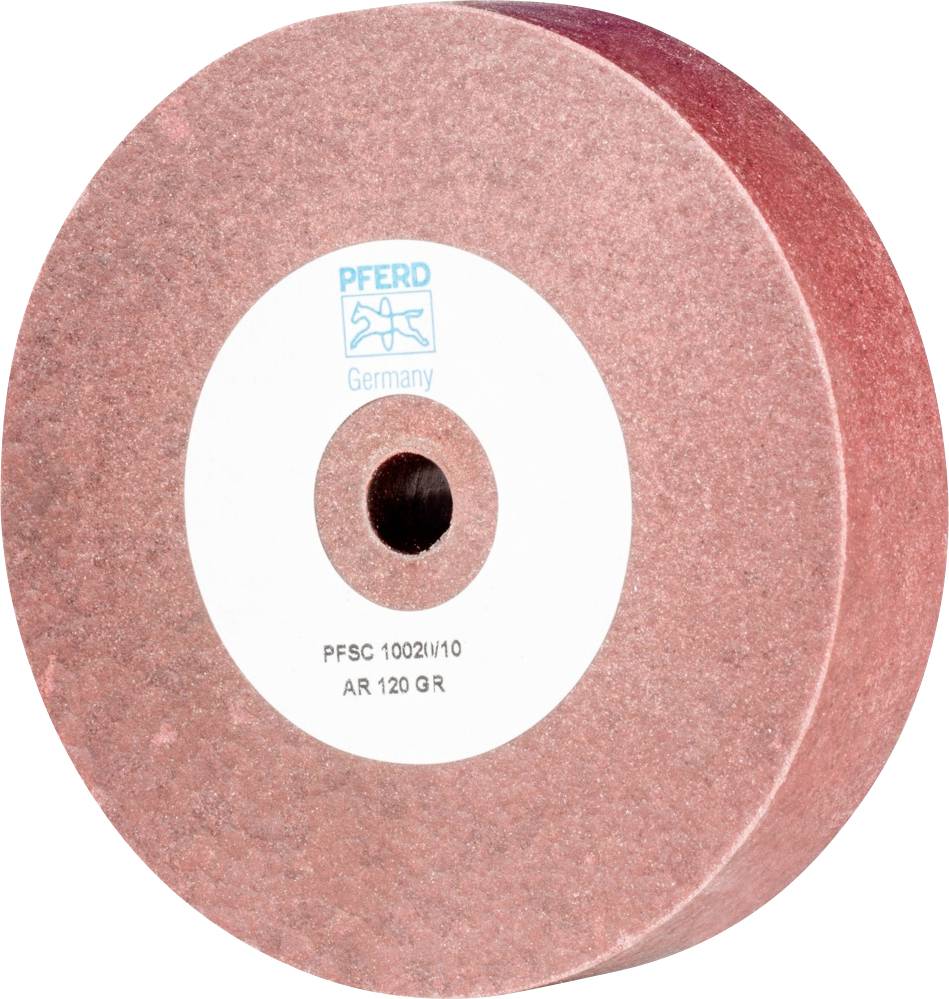 Ein runder, rot gefärbter Schleifstein mit einem weißen Mittelloch. Aufdruck 'PFERD Germany AR 120 GR' auf dem Etikett.