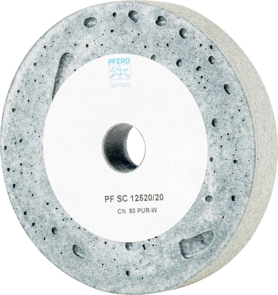 Schleifscheibe aus porösem Material mit zentralem Loch, geeignet für Industriemaschinen. Aufschrift: 'PFERD Germany PF SC 12520/20 CN 80 PUR-W'.