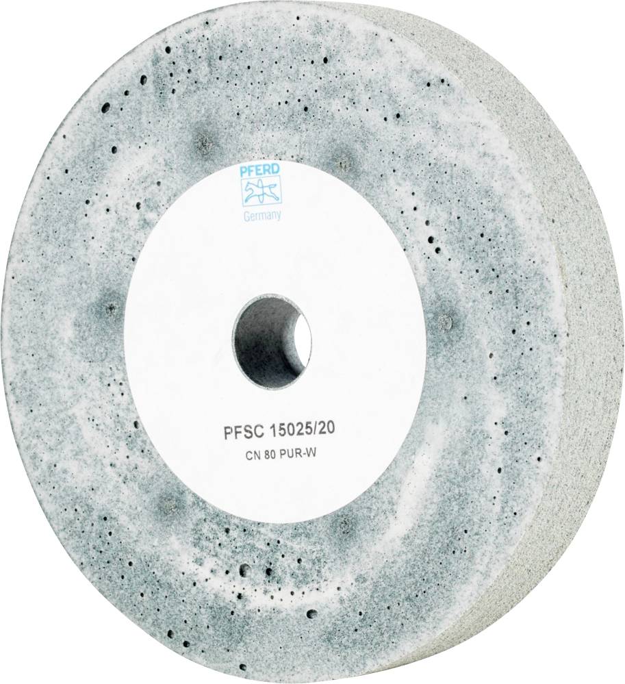 Schleifscheibe mit Loch in der Mitte, graue Oberfläche mit Poren. Marke 'PFERD Germany', Modell 'PFSC 15025/20 CN 80 PUR-W'.