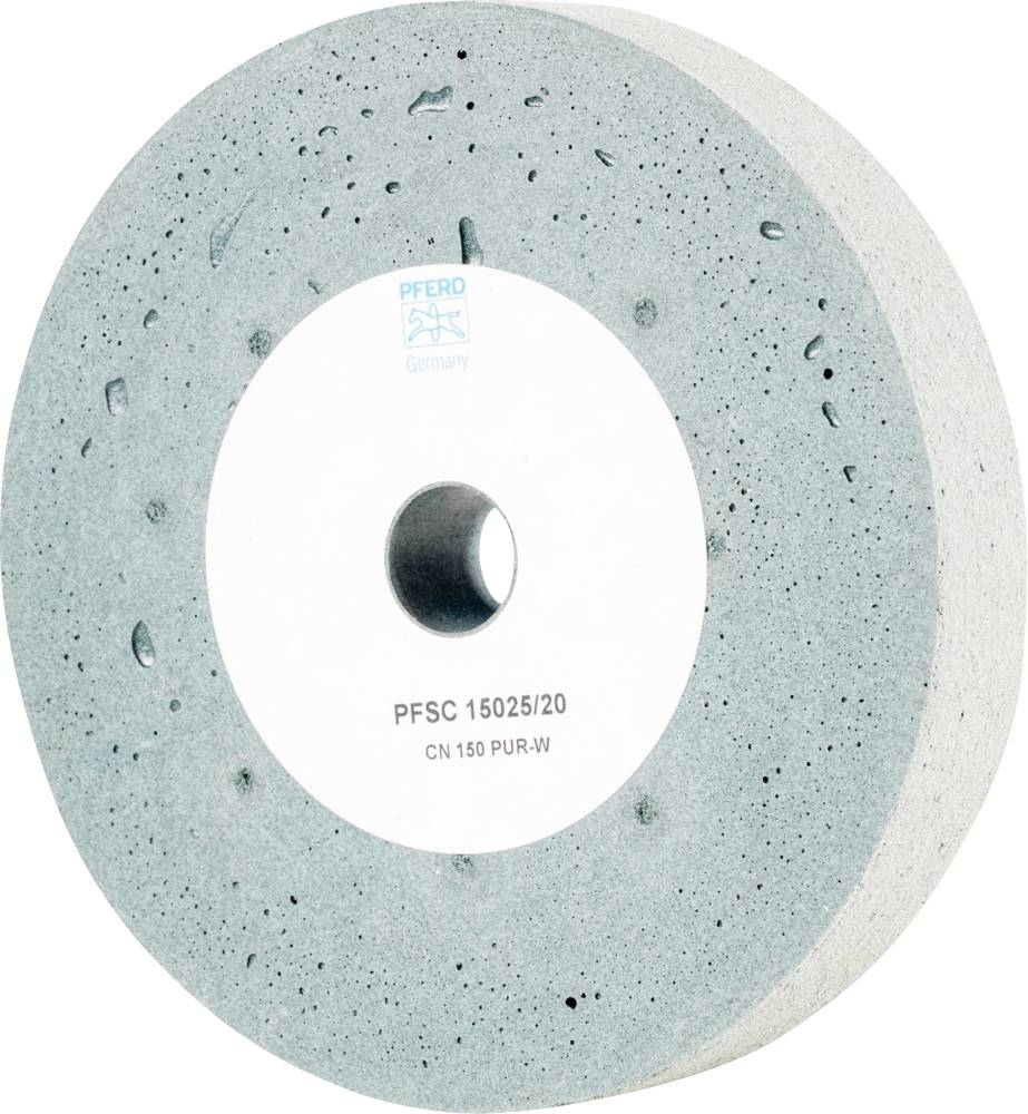 Graue Schleifscheibe mit einem weißen Zentrum, Aufschrift 'PFSC 15025/20 CN 150 PUR-W', produziert von Pferd Germany.