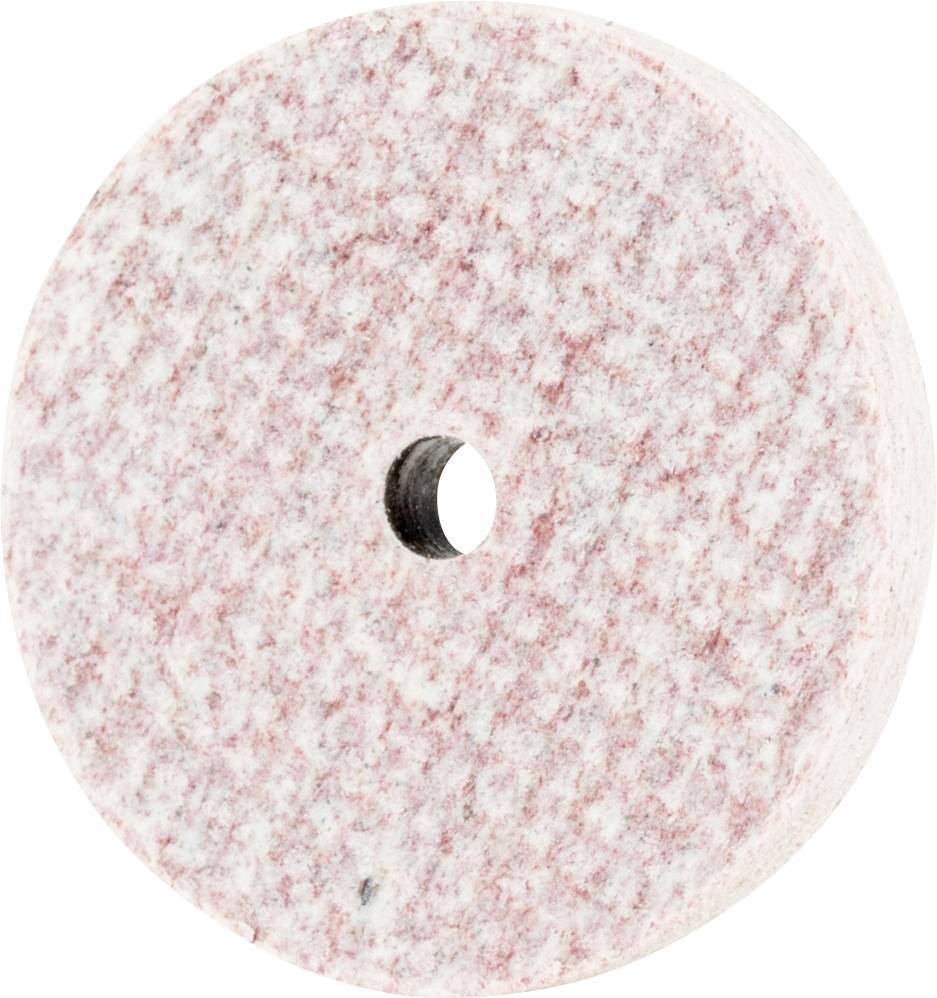Ein rosafarbenes, texturiertes Schleifrad mit einem zentralen Loch, verwendet für das Polieren oder Schleifen von Oberflächen.