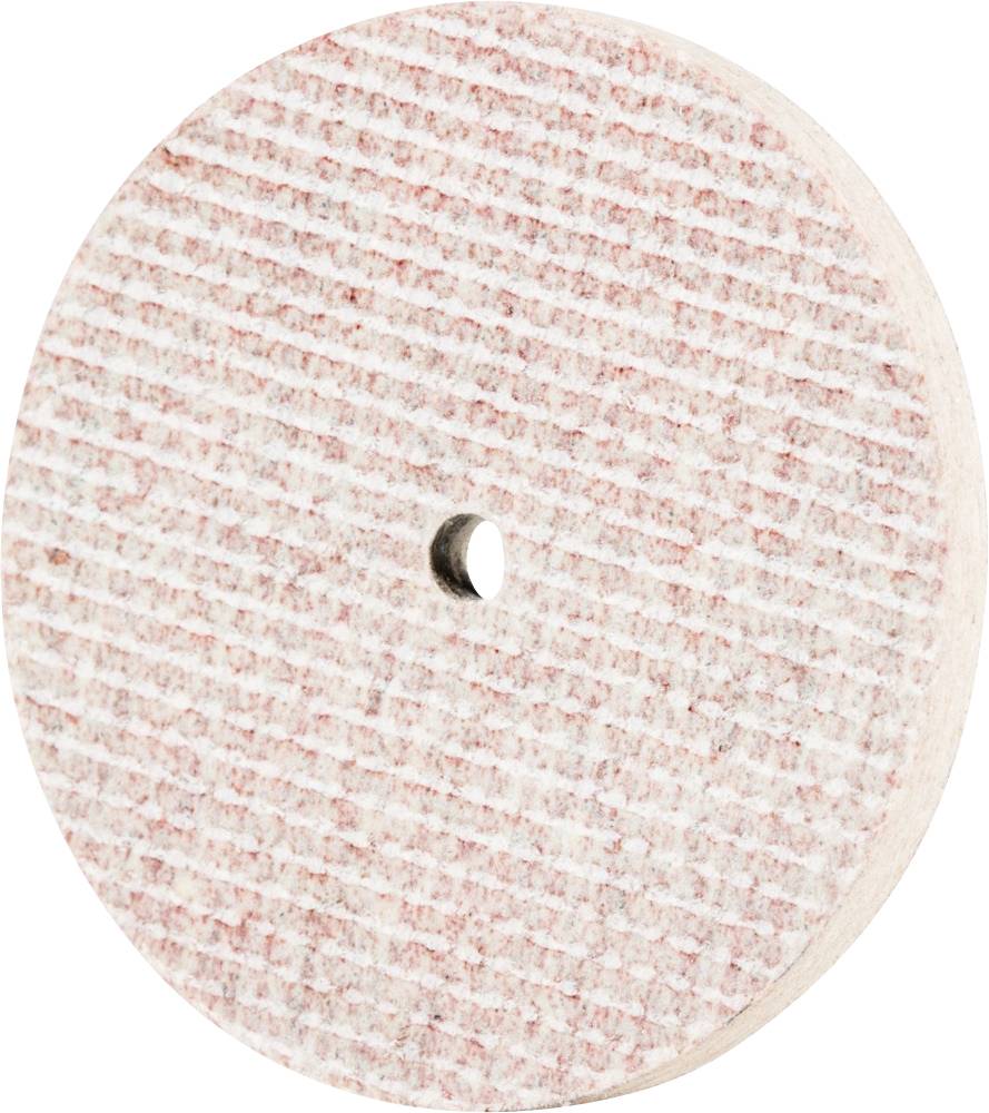 Ein runder, rot-weiß melierter Schleifstein mit einem zentralen Loch; Oberfläche zeigt ein Rillenmuster, geeignet für Schärfvorgänge.
