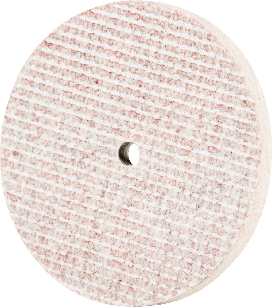 Ein rundes, flaches Filzpolierpad mit leichtem roten Muster und einem zentralen Loch.