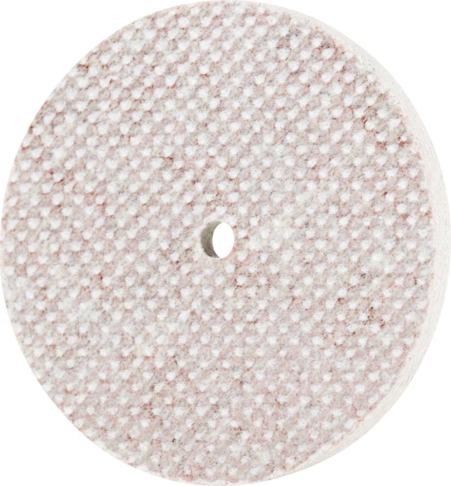 Runde, flache, schleifende Disc mit texturierter Oberfläche und zentralem Loch, vor weißem Hintergrund. Geeignet für Schleifarbeiten.