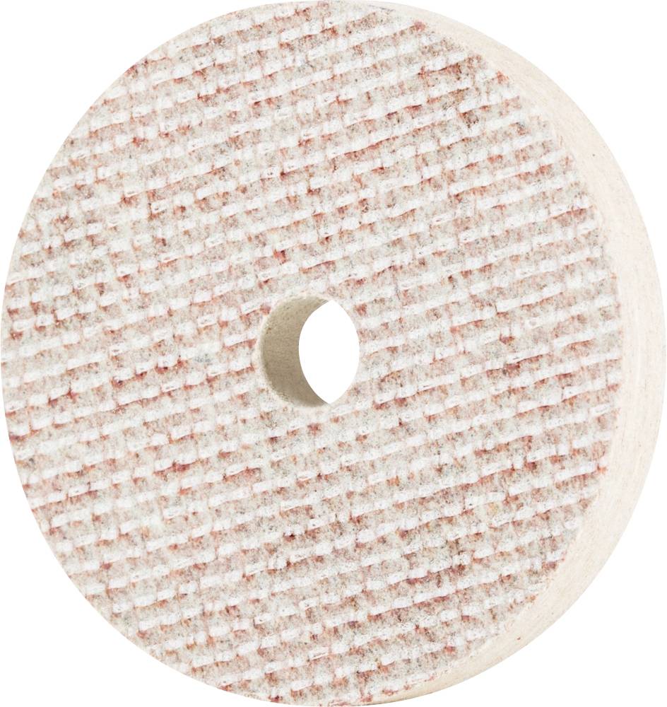 Ein rundes Schleifpad mit strukturierter, rötlicher Oberfläche und mittigem Loch, gedacht für Polier- oder Schleifarbeiten.