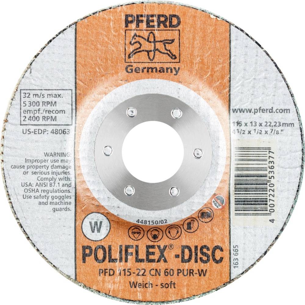 'Scheibe: POLIFLEX-DISC' von PFERD, weich, max. 32 m/s, 5300 U/min. Zur sicheren Verwendung Schutzbrille und Handschuhe tragen.