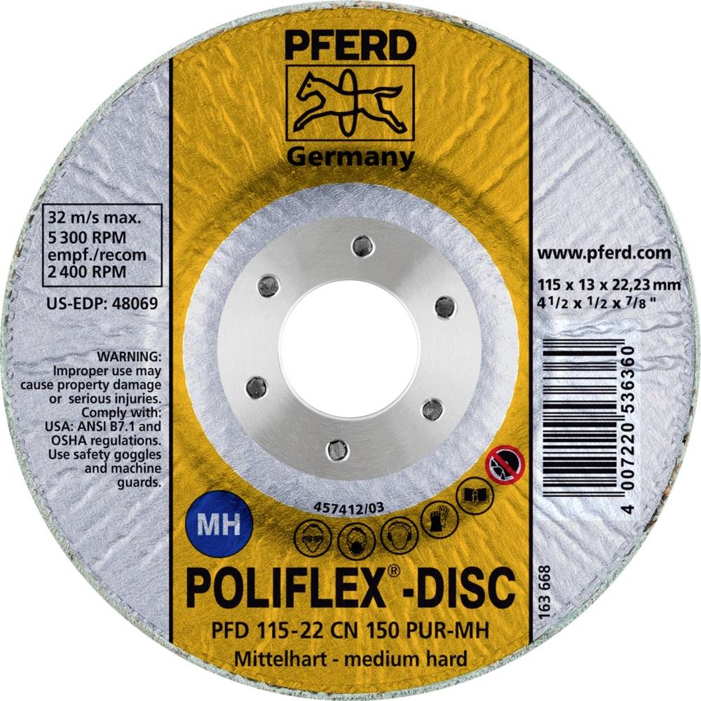 'POLIFLEX DISC' Schleifscheibe von PFERD, max. 5300 U/min, 150 mm Durchmesser, mittelhart. Enthält Sicherheits- und Nutzungshinweise.