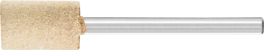 Ein zylindrischer Schleifkopf aus beigem Schleifmaterial mit silbernem Metallschaft, verwendet für präzises Feilen und Schleifen.