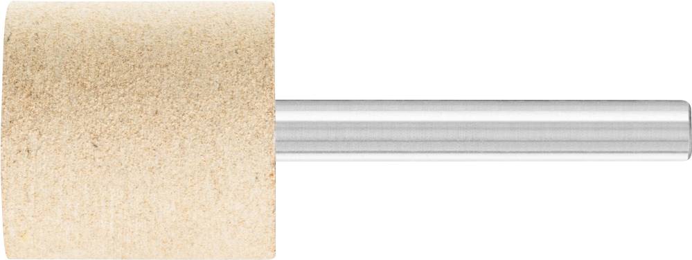 Schleifaufsatz mit zylindrischem Schleifkopf aus beigem Material und silbernem Griff, geeignet für Feinarbeiten an harten Materialien.