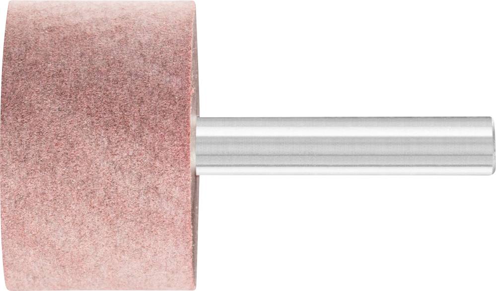 Ein rosa Schleifaufsatz mit zylindrischer Form und Metallstift. Wird verwendet für präzises Schleifen oder Polieren von Oberflächen.