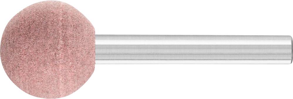 Ein kugelförmiger Schleifstift aus rosa Schleifmaterial mit einem langen, glatten Metallschaft. Geeignet für Präzisionsarbeiten.