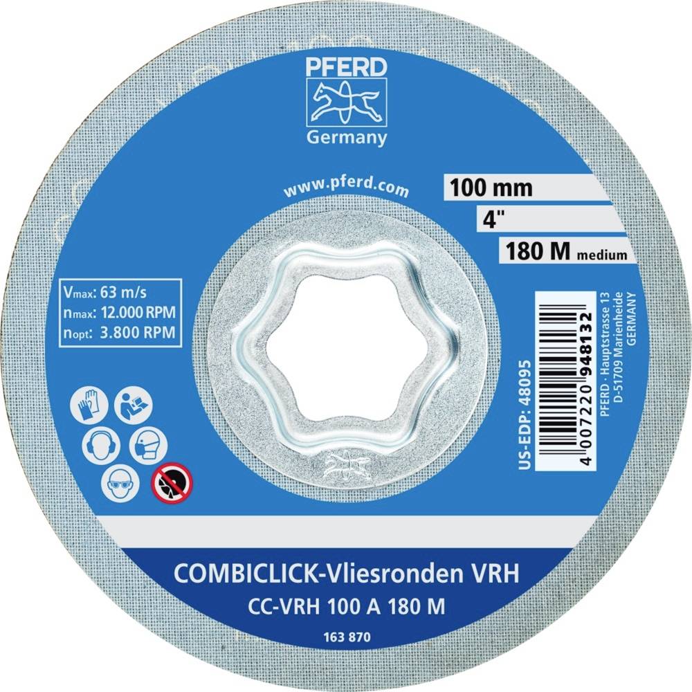 'Combiclick-Vliesronden VRH', Schleifscheibe 100 mm, max. Geschwindigkeit 63 m/s, max. 12.000 U/min, PFERD Germany, blauer Hintergrund.