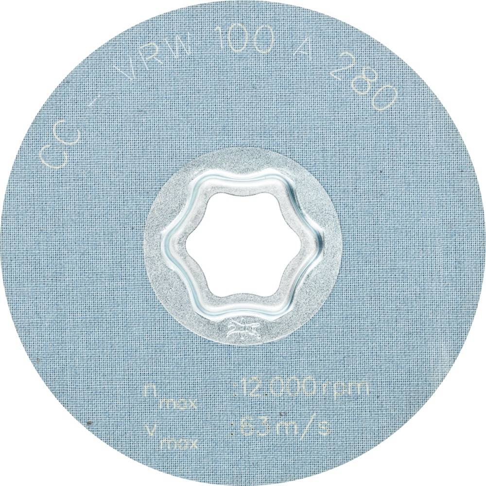 Schleifscheibe mit blauer Oberfläche, Aufschrift: 'CC-VRM 100 A 280'. Maximale Drehzahl: 12.000 U/min, maximale Geschwindigkeit: 63 m/s.
