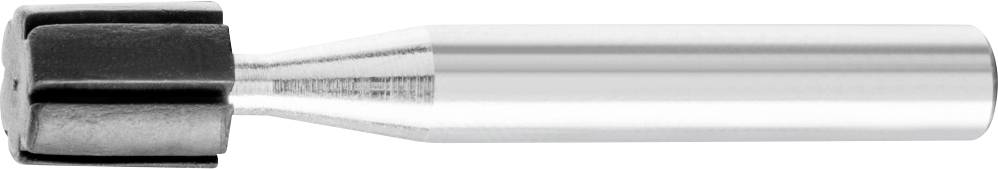 Ein silberner Metallfräser mit zylindrischer Form und mehreren Schneidekanten, verwendet in der Metallbearbeitung.