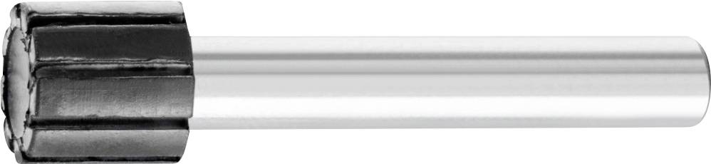 Ein silbernes, zylindrisches Metallwerkzeug mit einem geriffelten schwarzen Kopf, möglicherweise ein Teil eines größeren mechanischen Systems.