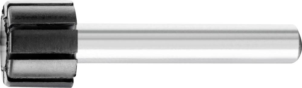 Ein silbernes Metallwerkzeug mit einem zylindrischen Schaft und einem dunkel geriffelten Kopf, möglicherweise ein Fräswerkzeug.