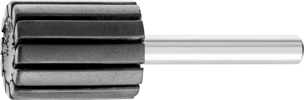 Ein zylindrischer Schleifkörper mit einem metallischen Schaft, waagerecht platziert. Der Schleifkörper besteht aus mehreren Lamellen.