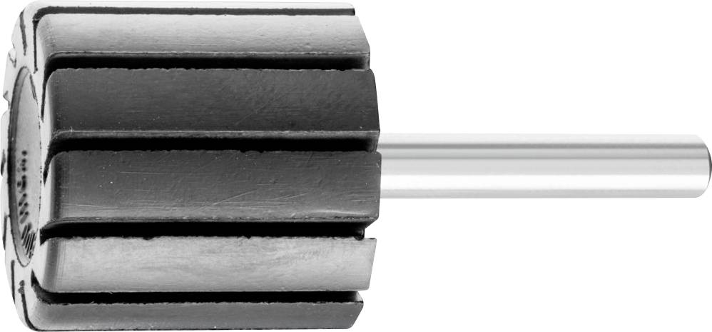 Schwarze, zylindrische Schleifscheibe mit einem langen Metallstift, die für maschinelles Schleifen verwendet wird.