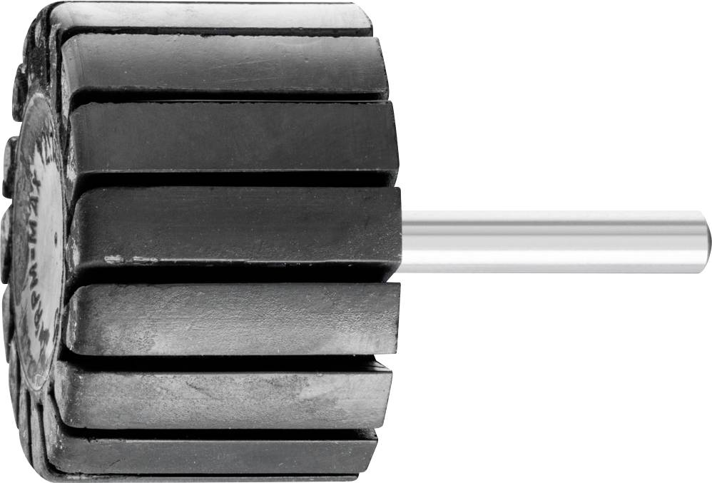 Eine runde, schwarze Siliziumkarbid-Schleifscheibe mit flachen Lamellen und einem Metallstab als Griff, auf weißem Hintergrund.