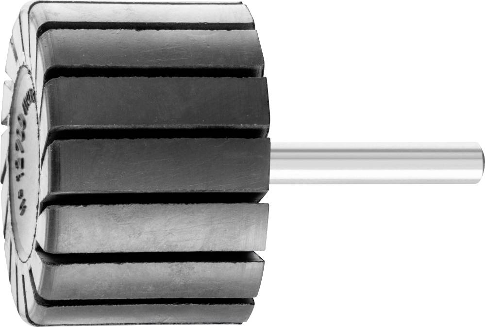 Ein schwarzes, zylinderförmiges Schleifpad mit mehreren Lagen und einer metallischen Haltestange, seitlich abgebildet.