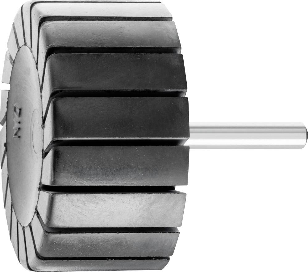 Schwarzes, rundes Schleifrad mit axialen Schlitzen auf einer Metallachse. Geeignet zur Bearbeitung von Oberflächen in Werkstätten.