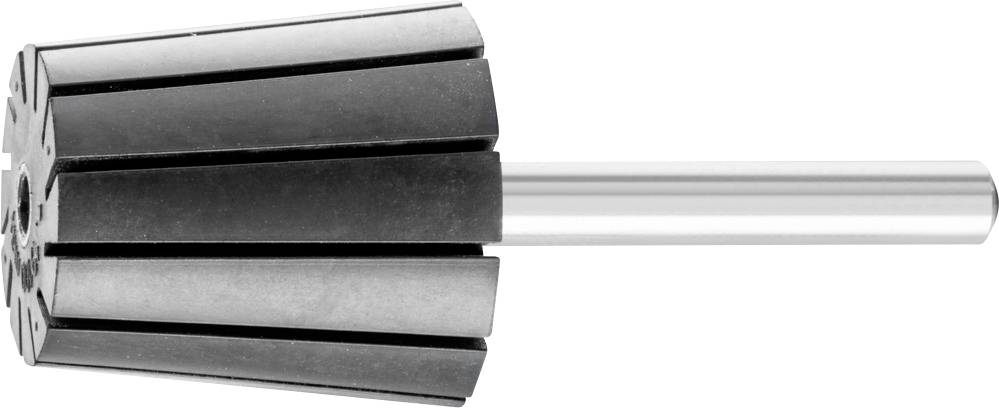 Ein zylindrischer Metallbohrer mit mehreren dunklen Schaufeln an der Spitze, die in einem radialen Muster angeordnet sind.