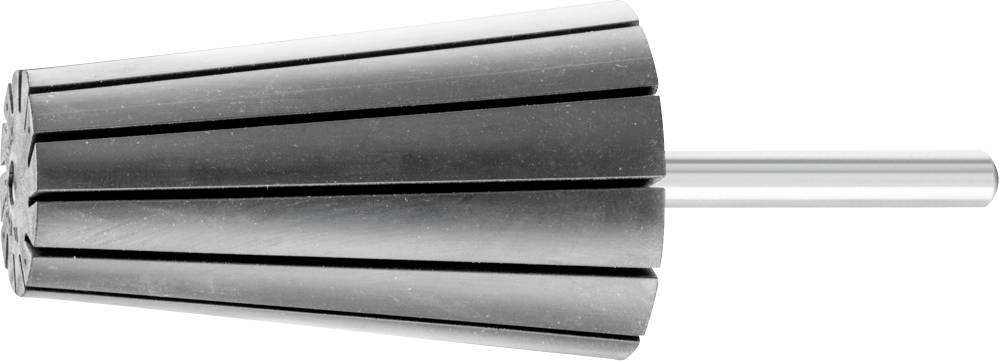 Ein zylindrisches Metallbauteil mit mehreren Längsschlitzen, befestigt an einer Stange, möglicherweise Teil einer Maschine oder eines Werkzeugs.