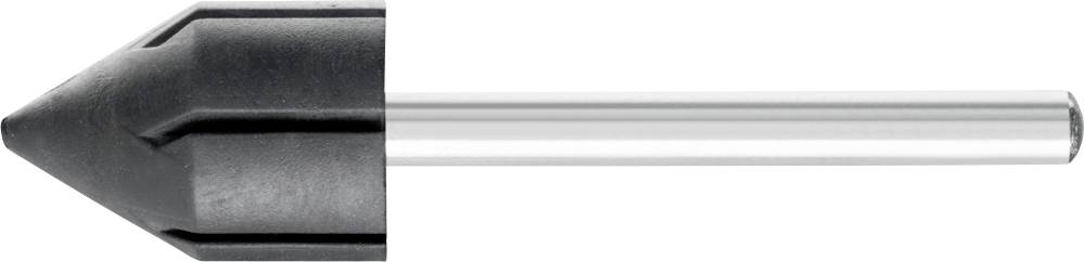Nahaufnahme eines Metallbohrers mit schwarzer Spitze und glänzendem Stahlkörper auf weißem Hintergrund.