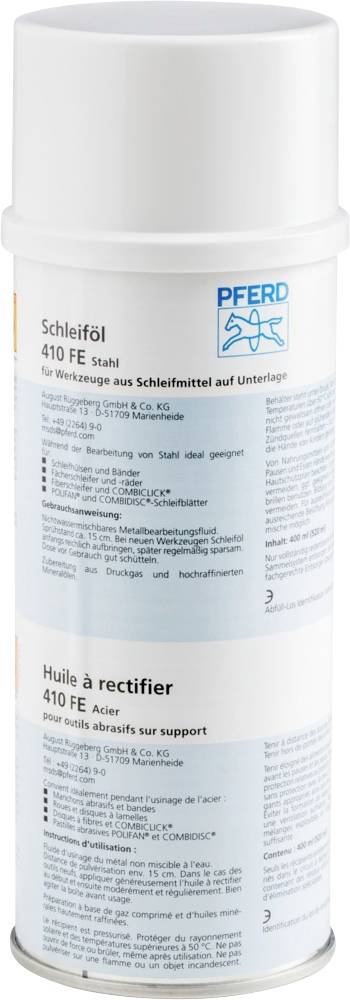 Dose mit Schleiföl für Stahlwerkzeuge. Marke: PFERD. Text auf Deutsch und Französisch, beschreibt Anwendung und Sicherheitshinweise.