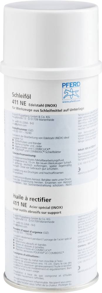 Sprühdose mit Schleiföl, Marke 'Pferd', speziell für Edelstahl (INOX). Beschriftung in Deutsch und Französisch, blaue Schrift auf weißem Hintergrund.