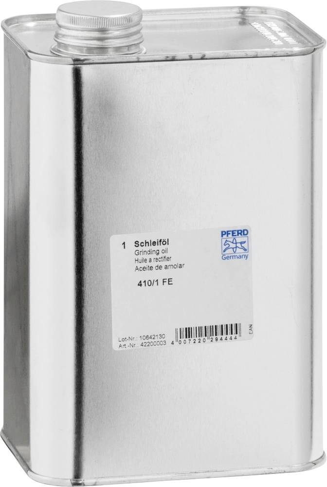 Metallkanister mit Schraubverschluss, Etikett mit Aufschrift 'Schleiföl, Grinding oil', Markenname 'Pferd Germany'.