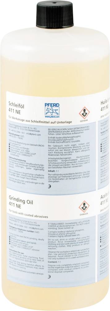'Schleiföl 411 NE' Flasche mit Etikett in mehreren Sprachen. Enthält Sicherheitsinformationen und Gebrauchsanweisung für Schleifmittel.