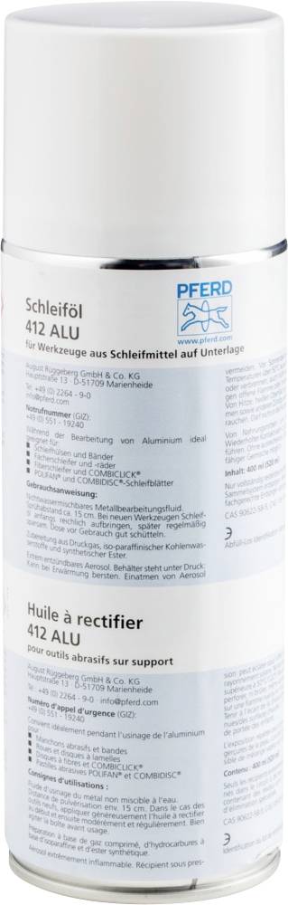 'Aerosolsprayflasche' mit Etikett 'Schleiföl 412 ALU' der Marke. Zum Auftragen von Schleifmitteln auf Oberflächen; für Metalle geeignet.