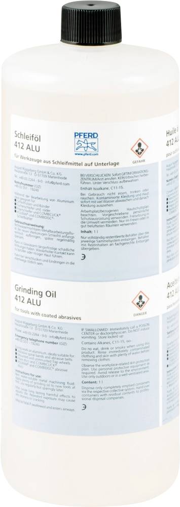 Eine weiße Flasche mit schwarzem Deckel, Etiketten mit Hinweis auf Schleiöl 412 ALU für Schleifmittel, enthält Warnsymbole.