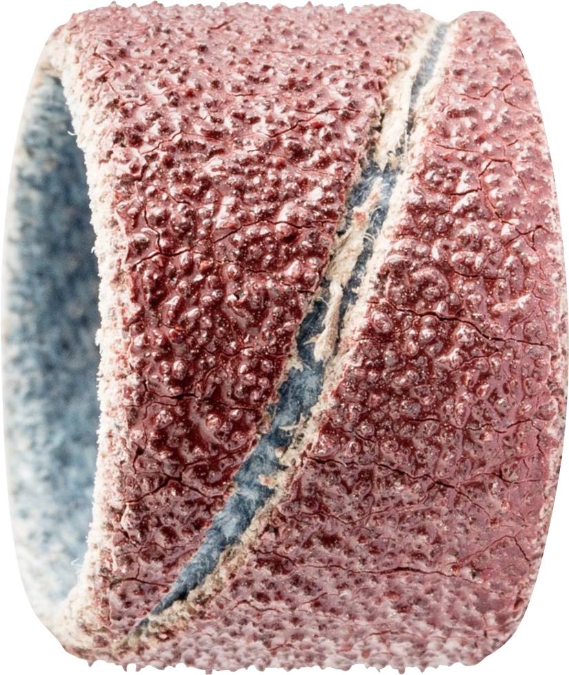 Ein Ring mit rauer, texturierter Oberfläche in Rot und Blau, mit diagonalen Einschnitten.