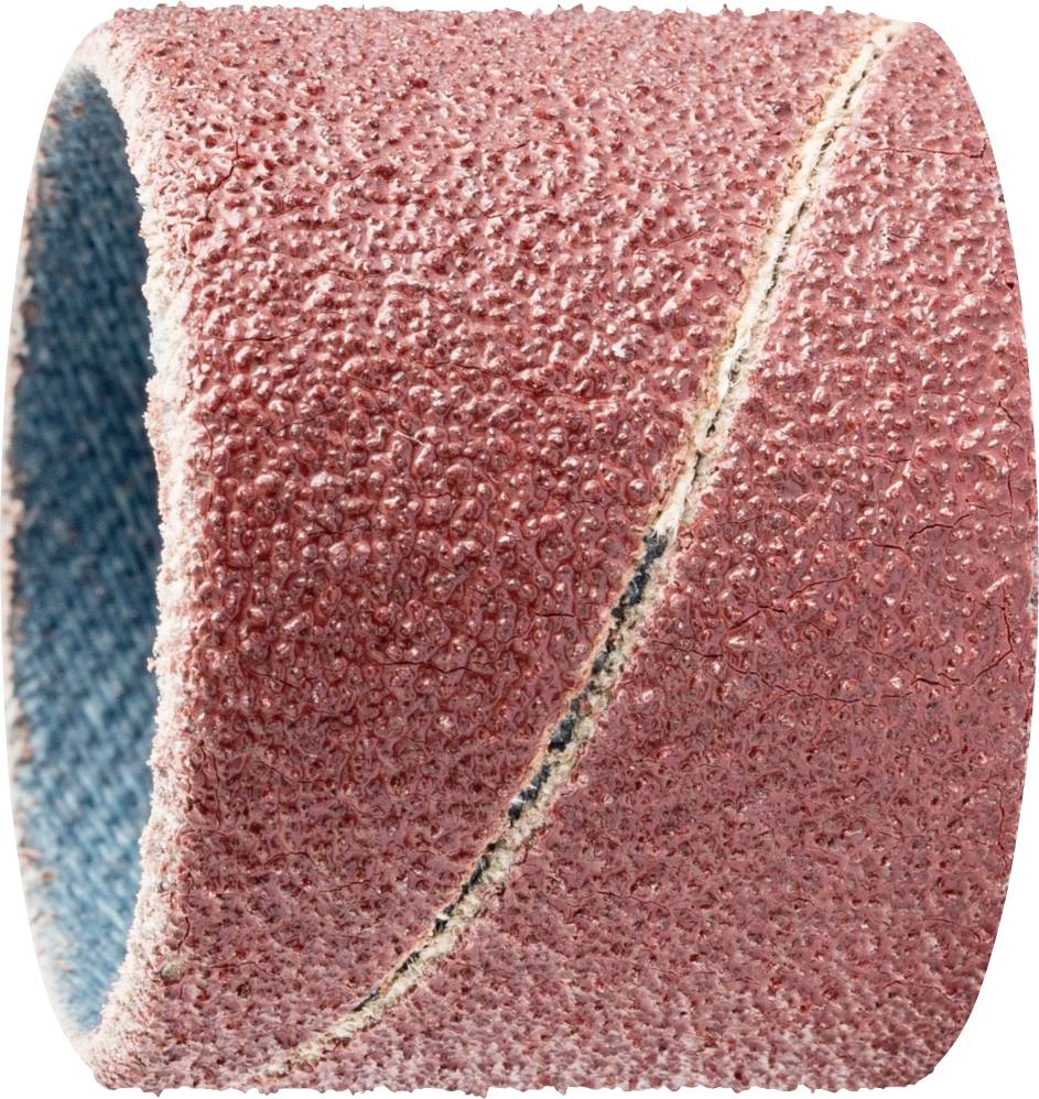 Schleifband in rötlicher Farbgebung mit grober Körnung, für Schleifmaschinen, zeigt eine diagonal verlaufende Naht.
