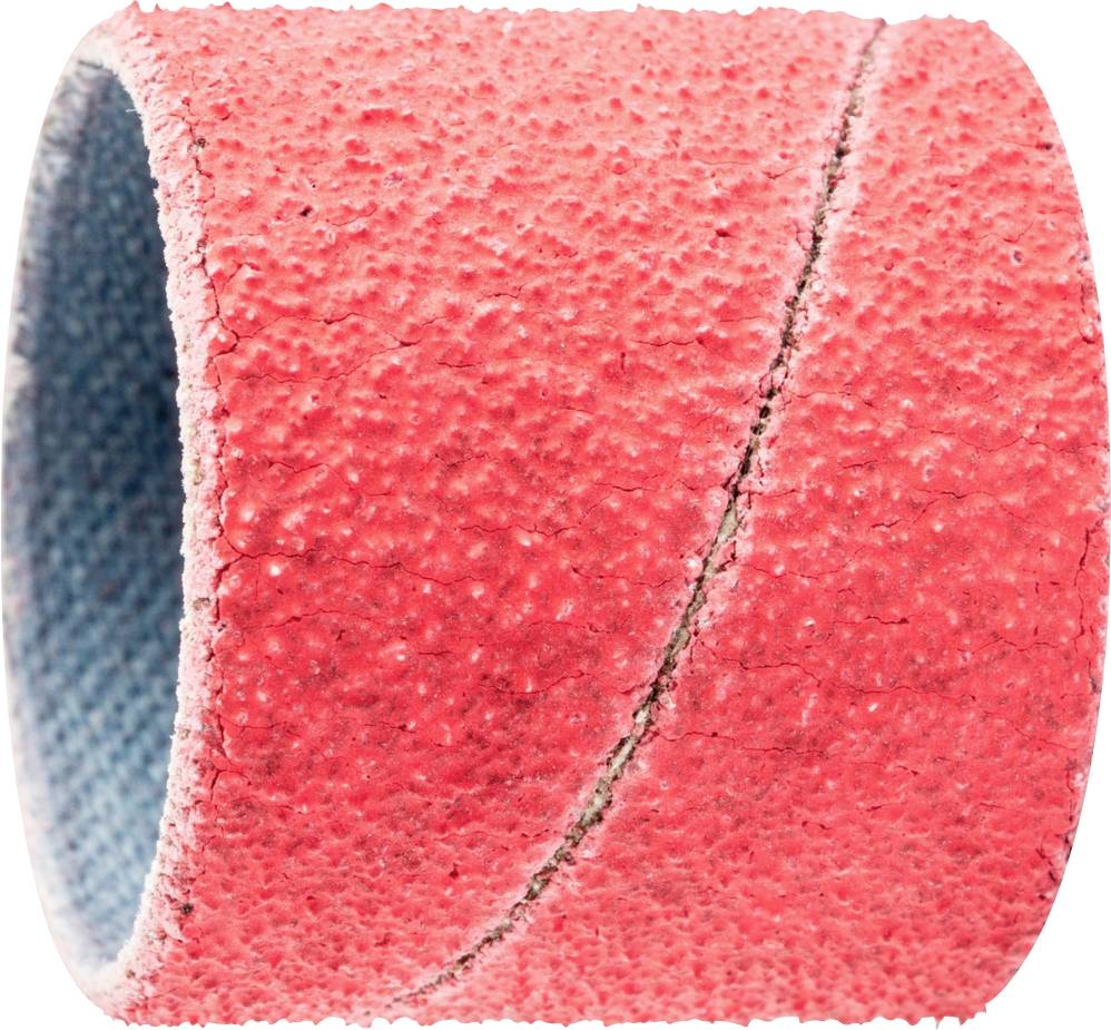 Ein rot strukturiertes Band mit diagonaler Naht, um eine zylindrische Form gewickelt.