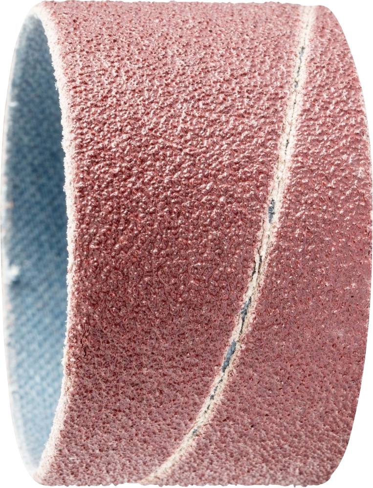Ein Schleifband mit rauer, rötlicher Oberfläche, verwendet zum Glätten von Materialien wie Holz oder Metall. Seitenansicht.