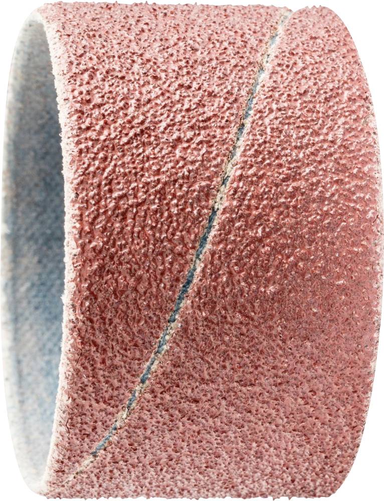 Rosa Schleifband, zylindrisch, mit rauer Textur. Verwendet für Schleifarbeiten, insbesondere zum Glätten von Oberflächen.