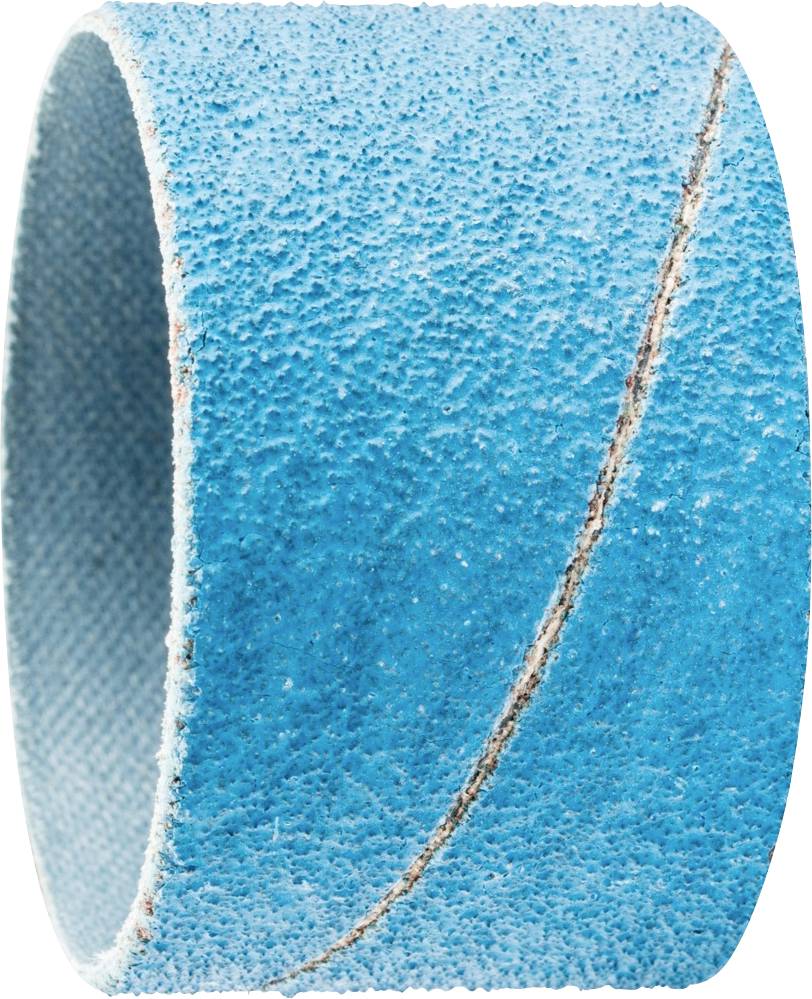 Ein blauer Schleifbandring mit einer leichten Textur und schräger Linie entlang der Oberfläche, möglicherweise für Schleifarbeiten verwendet.