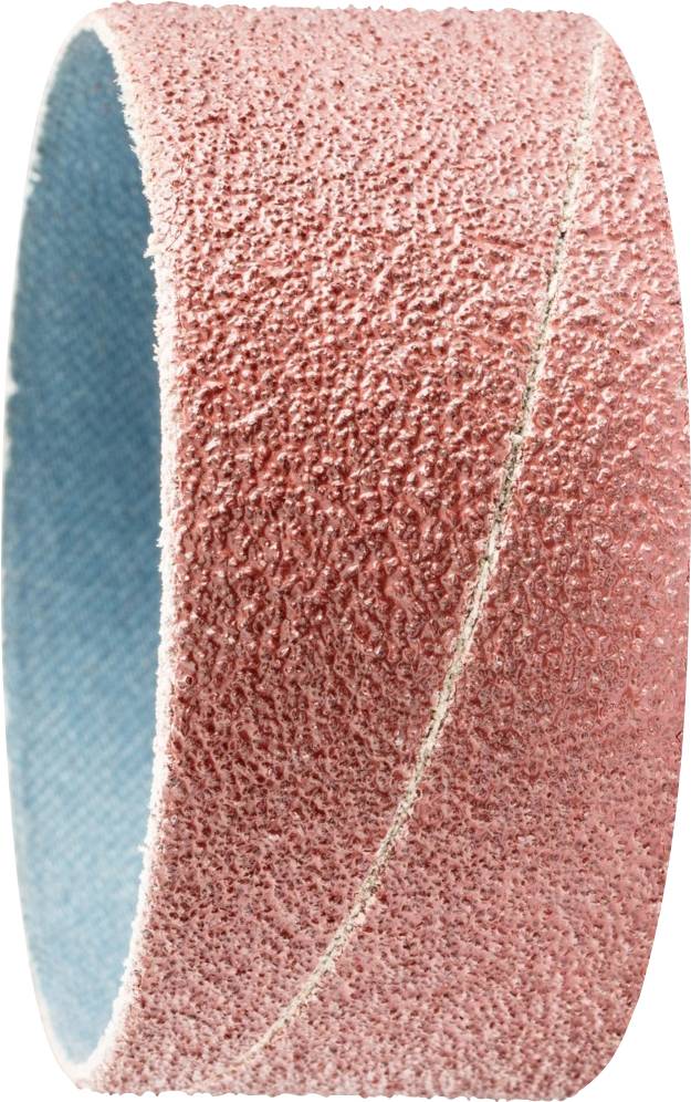 Das Bild zeigt einen groben, rot-blauen Schleifbandring, der für Schleifgeräte verwendet wird, um Oberflächen zu glätten oder zu formen.