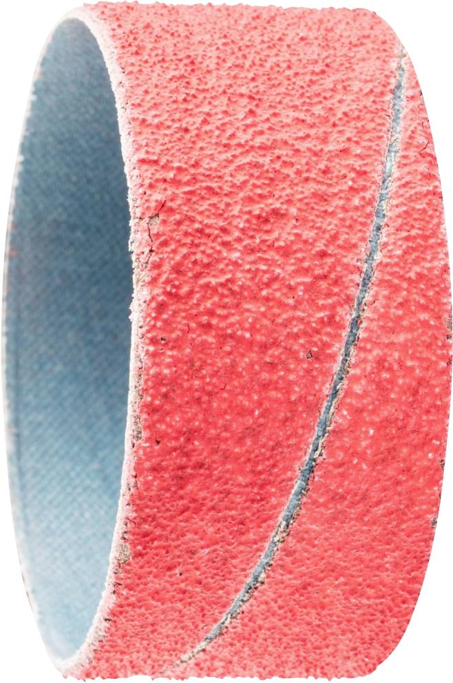 Ein rot-blauer Schleifring aus Schleifpapiermaterial, zylindrisch geformt mit einer texturierten Oberfläche.